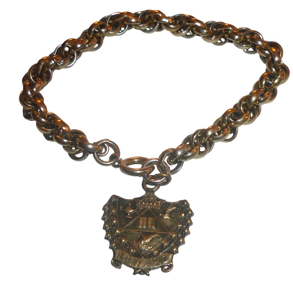 Vintage Germany Gold Tone Double Link Charm Bracelet REWARD Crest Shield Pendant